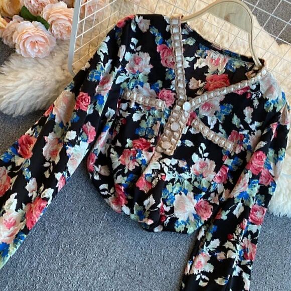 V neck Single-breasted Long-sleeved Floral Chiffon Shirts XL - Picture 2 of 12